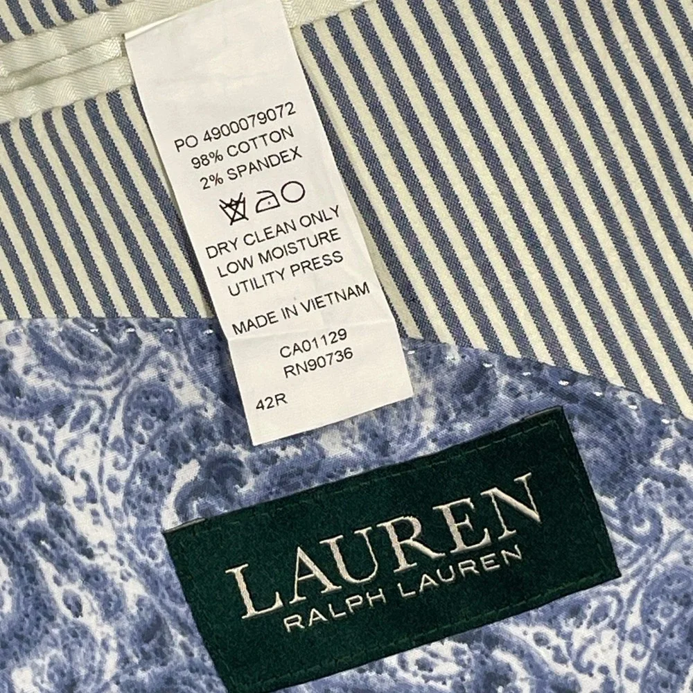 Lauren Ralph Lauren Mens 42R Seersucker Blazer Blue White Striped Cotton Jacket